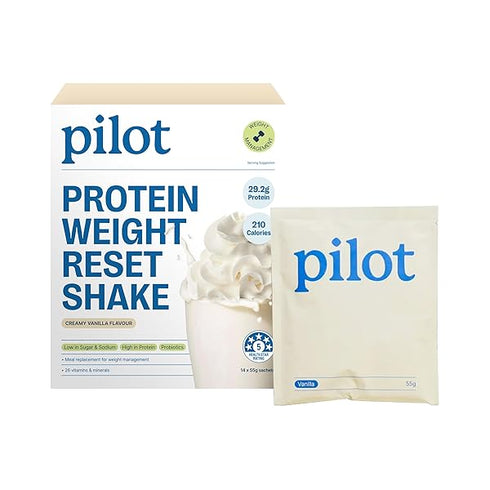 Pilot Protein Weight Reset Shake Creamy Vanilla Flavour 770g 14 x 55g sachets | Premium Meal Replacement Shakes | High-Quality Whey Protein with Vitamins & Minerals, Low in Calories, No Added Sugar